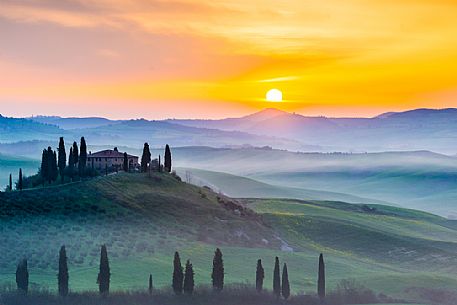 Sunrise on the hills of Tuscany, Orcia valley, Italy