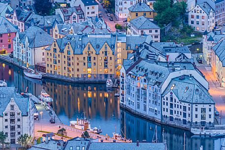 Old town of lesund at dusk, Norway