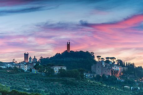 San Miniato village with Matilde and Federico II towers at twilight, Tuscany, Italy