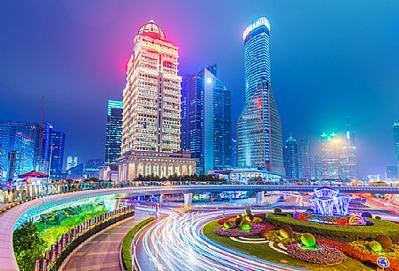 Night view of a road in Lujiazui New Financial District of Shanghai city, China