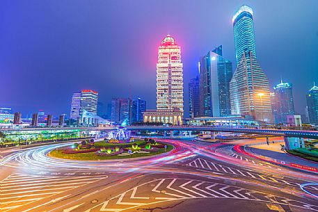 Night view of a road in Lujiazui New Financial District of Shanghai city, China