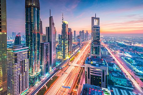 High Rises on Sheikh Zayed Road at twilight, Downtown Dubai, Emirate of Dubai, UAE, Asia