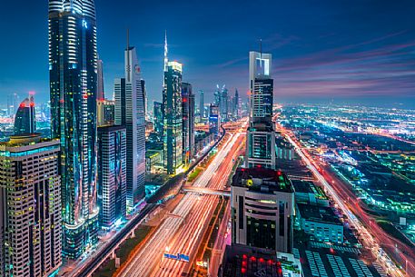 High Rises on Sheikh Zayed Road at twilight, Downtown Dubai, Emirate of Dubai, UAE, Asia