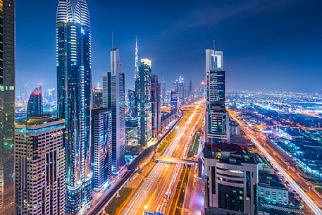 High Rises on Sheikh Zayed Road at twilight, Downtown Dubai, Emirate of Dubai, UAE, Asia