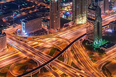 View from the top panoramic platform on Burj Khalifa across Sheikh Zayed Road in the nigh, Downtown Dubai, Emirate of Dubai, UAE, Asia