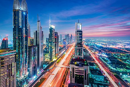 High Rises on Sheikh Zayed Road at twilight, Downtown Dubai, Emirate of Dubai, UAE, Asia