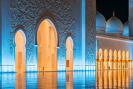 Detail of entrance of the Sheikh Zayed Grand Mosque in the City of Abu Dhabi at twilight, Emirate of Abu Dhabi, United Arab Emirates, UAE