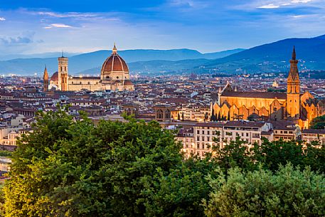View from Piazzale Michelangelo at twilight, Duomo Santa Maria del Fiore and Santa Croce church in the background, Florence, Tuscany, Italy, Europe