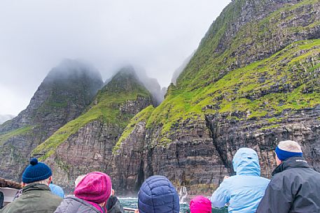 Tourist boat at Vestmanna Sea Cliffs, Streymoy, Faeroe Islands, Denmark, Europe