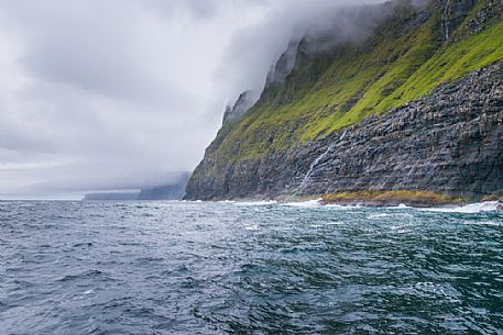 View from the sea of ​​the Vestmanna Sea Cliffs, Streymoy island, Faeroe islands, Denmark, Europe