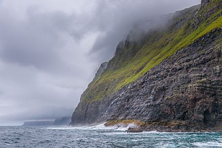 View from the sea of ​​the Vestmanna Sea Cliffs, Streymoy island, Faeroe islands, Denmark, Europe