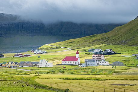 Hvalba village with the small church, Suðuroy Island, Faeroe islands, Denmark, Europe
