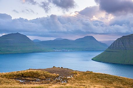 Remote village from Klakkur viewpoint, Bordoy Island, Faeroe islands, Denmark, Europe