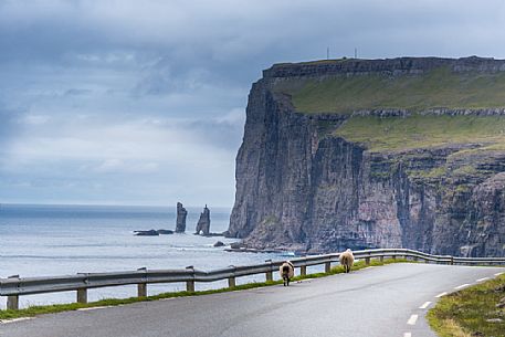 The sea stacks of Risin and Kellingin, just off the northern coast of the island of Eysturoy island, Faeroe islands, Denmark, Europe