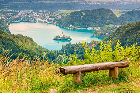 Lake of Bled and the town from above, Julian Alps, Slovenia, Europe