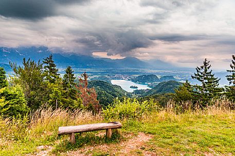 Lake of Bled, the town and the Julian alps from above, Julian Alps, Slovenia, Europe