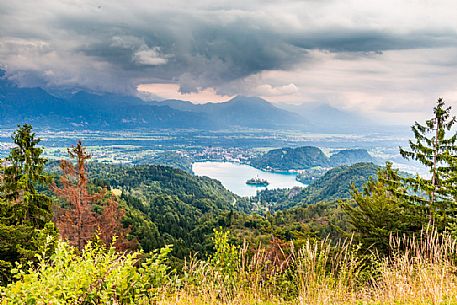 Lake of Bled, the town and the Julian alps from above, Julian Alps, Slovenia, Europe