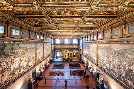 Overlook view of the Salone dei Cinquecento or Five Hundred hall, Palazzo Vecchio, Piazza della Signoria, Florence, Tuscany, Italy, Europe