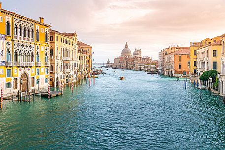 Palazzo Cavalli Franchetti in the Grand Canal and in the background the Santa Maria della Salute church from Accademia bridge, Venice, Italy, Europe