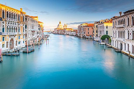 Palazzo Cavalli Franchetti in the Grand Canal and in the background the Santa Maria della Salute church from Accademia bridge, Venice, Italy, Europe