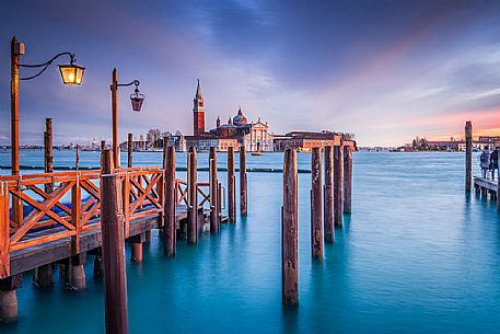 Beautiful twilight in front of San Giorgio Maggiore island, view from San Marco basin, Venice, Veneto, Italy