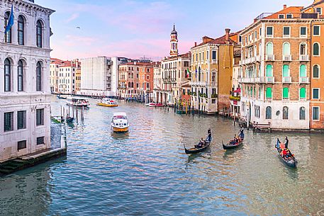 Gondolas and ferry in the Canal Grande from accademia bridge, Venice, Italy, Europe