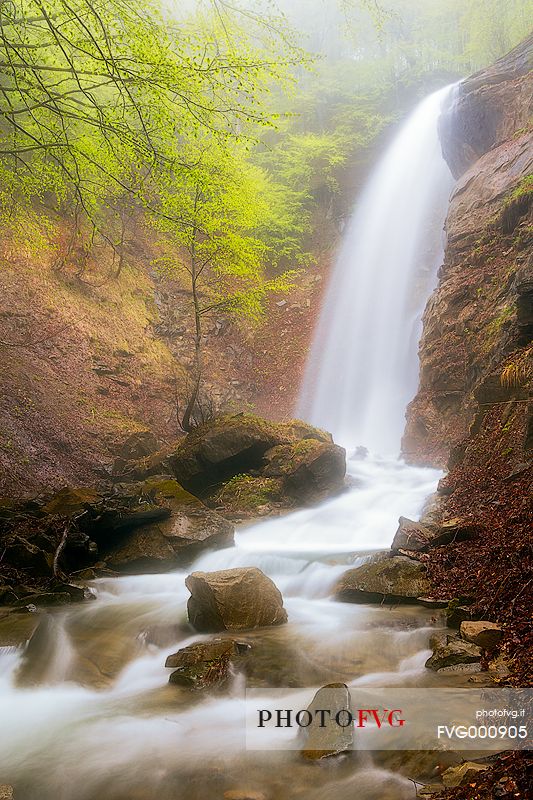 Lower Cavata waterfall in the fog, Gran Sasso and Monti della Laga national park