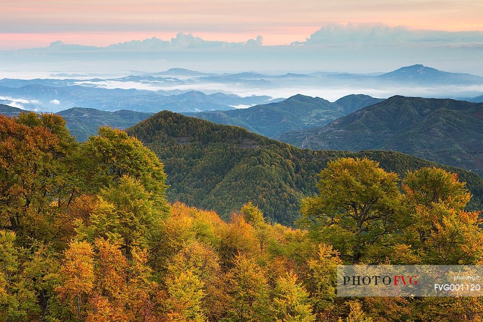 From Jacci di Verre the view of the below valleys painted by magnificent autumn colors, Ceppo, Gran Sasso and Monti della Laga national park, Abruzzo, Italy, Europe