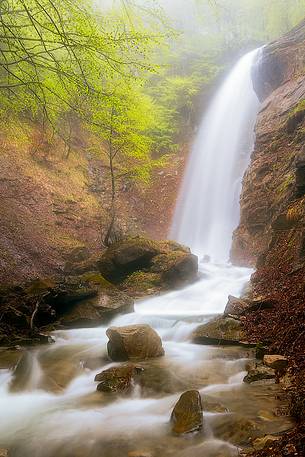 Lower Cavata waterfall in the fog, Gran Sasso and Monti della Laga national park